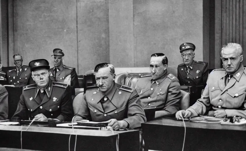 Image similar to 50s movie still of very diverse 3 soviet generals head with very detailed faces in a stalinist parlement, by Alexei Guerman, Cinestill 800t 35mm black and white, heavy grainy picture, very detailed, high quality, 4k, HD criterion, precise texture, diverse faces, diverse haircuts, diverse ages, precise faces