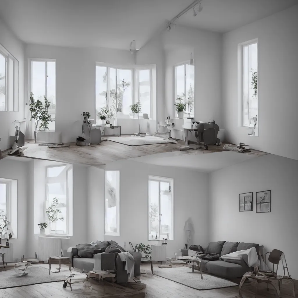 Prompt: Hyper realistic. Danish heritage and Nordic home, plaster walls. the tiny home, big window frame. living room. Furnished with minimal furniture . ultra wide shot .minimal design. Future design. architecture design. foggy environment. Cinematography. mega scans. sloped site. cinematic. hyper realistic. photorealistic. cinematic composition. highly detailed. Vray. Corona render. 8k. render