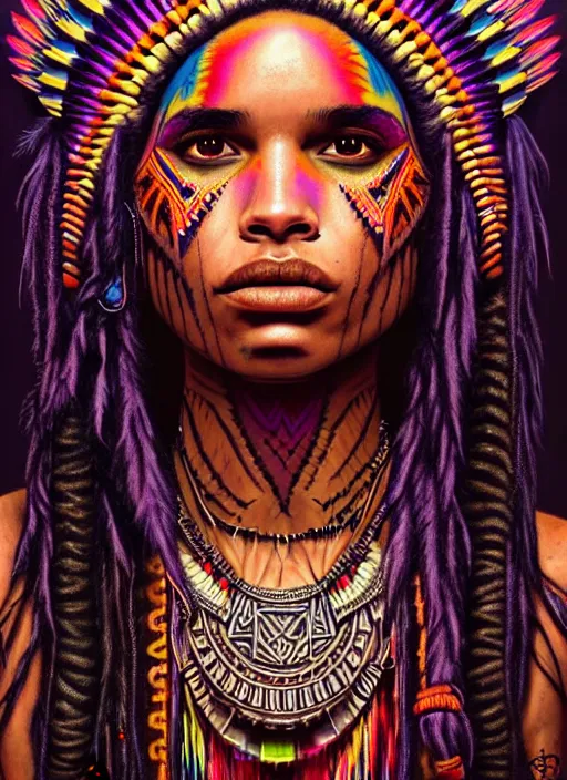 Image similar to portrait of zoe kravitz, hyper detailed ultra sharp aztec shaman warrior. trending on artstation, warpaint aesthetic, bloodwave, colorful, psychedelic, ornate, intricate, digital painting, concept art, smooth, sharp focus, illustration, art by artgerm and greg rutkowski and h. r. giger, 8 k