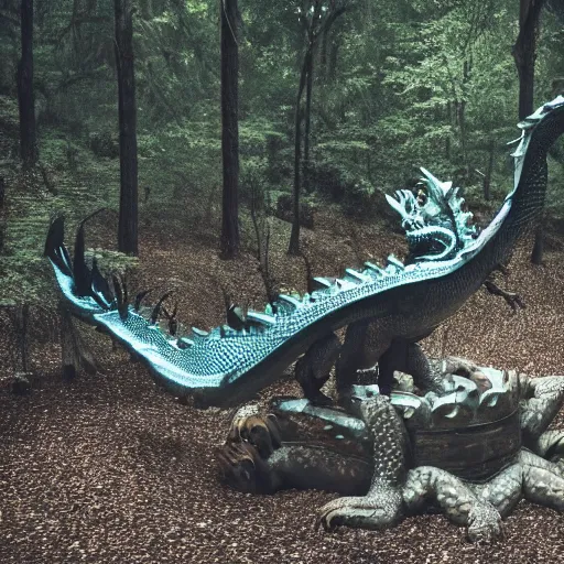 Prompt: dragon coming out of an oil spring, photograph taken in a dark forest