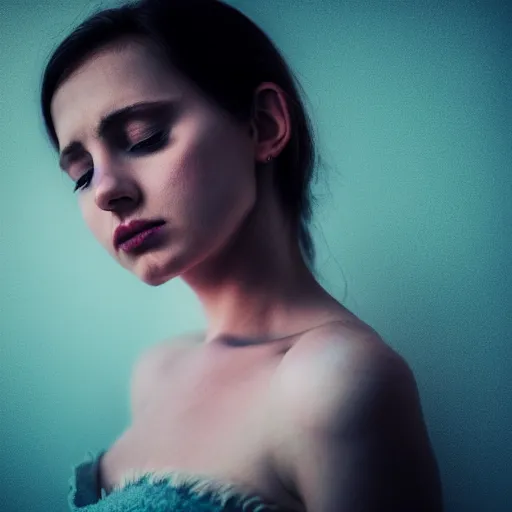 Image similar to a photo of a beautiful woman. moody and melanchony. with a bit of cyan and pink.