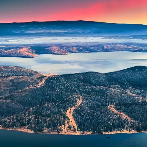 Prompt: Nuclear explosion in Big bear lake, California, Ariel view