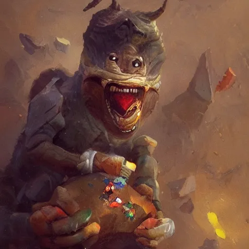 Prompt: Mimic disguised as backpack eating gemstones on a treasure pile, oil painting by Greg Rutkowski