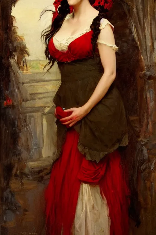 Image similar to painting of Jennifer Connelly by Richard S. Johnson and Solomon Joseph Solomon and Richard Schmid and Jeremy Lipking victorian genre painting full length portrait painting of a young beautiful woman traditional german french barmaid in fantasy costume, red background