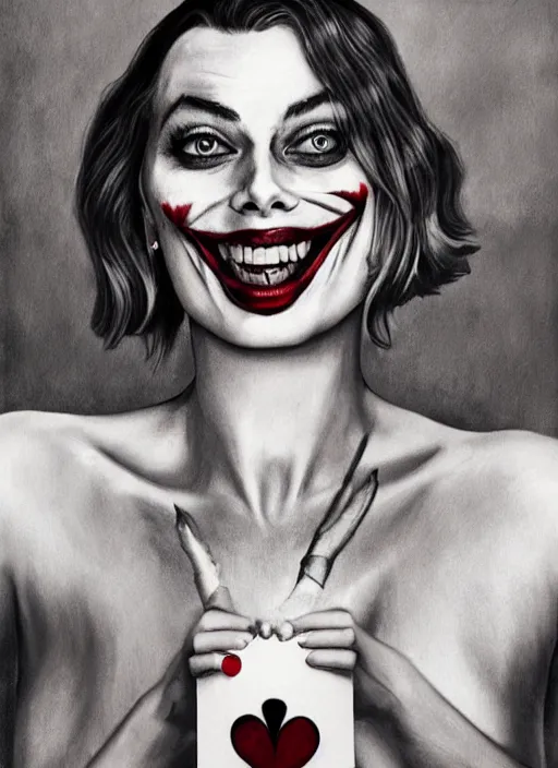 Prompt: tattoo design of beautiful margot robbie slightly smiling with joker makeup on the mouth and holding ace card, in the style of den yakovlev, realistic face, black and white, realism tattoo, hyper realistic, highly detailed