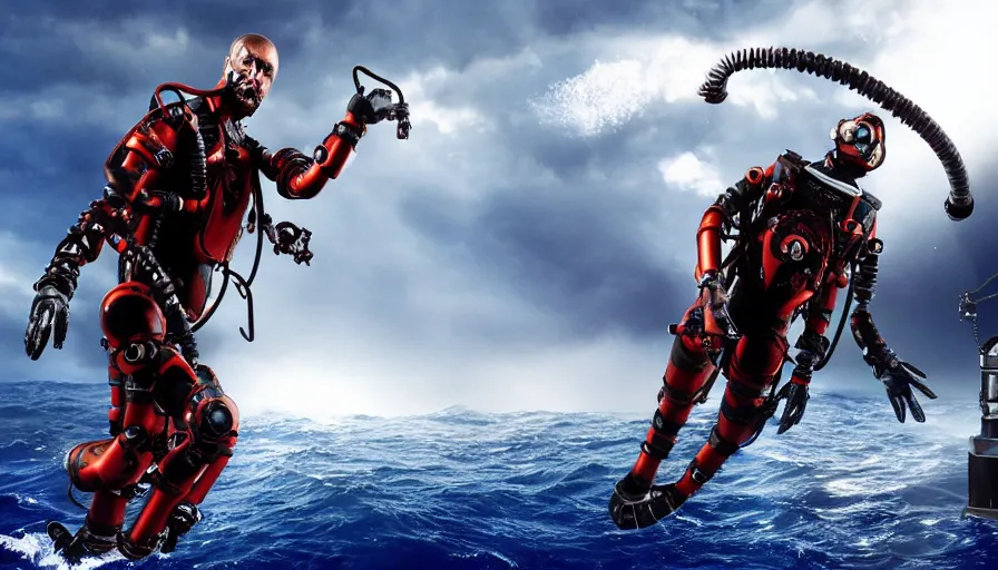 Prompt: Big budget movie about a cyborg demon fighting a deep sea diving suit