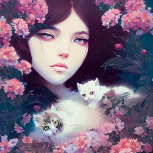 Image similar to kittens in flowers, intricate complexity, by greg rutkowski, artgerm, ross tran, conrad roset, takato yomamoto, ilya kuvshinov. 4 k, beautiful, cinematic dramatic atmosphere