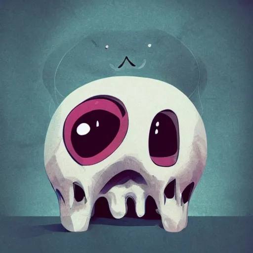 Image similar to small monster holding skull, happy face, cute image, artstation