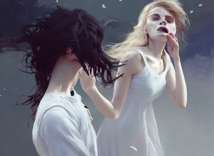 Prompt: white dress girl chasing from grim reaper, messy hair, messy lines, scared face, beautiful and aesthetic and attractive and detailed face, dramatic situation, specular reflection, occlusion shadow, intricate, bokeh, by ilya kuvshinov and jeremy lipking and quentin mabille