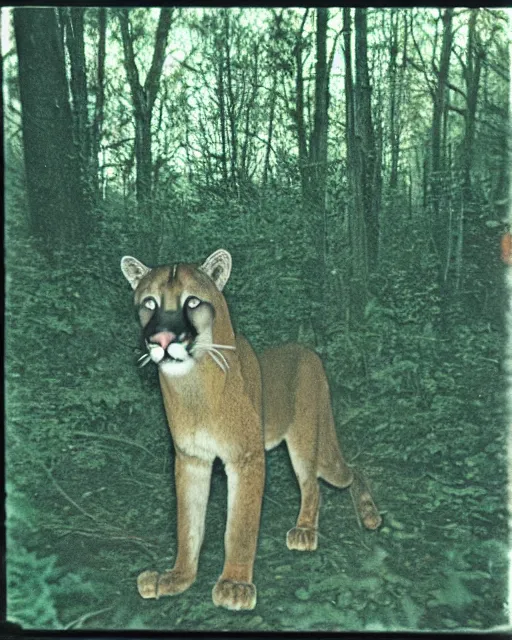 Image similar to cougar in forest at night, shot from drone, grainy, polaroid