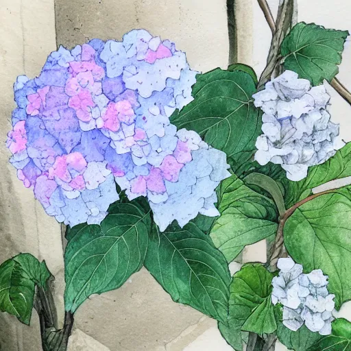 Prompt: delicate marble in a garden, stony, puffy, botanical herbarium paper, botanic, watercolor colored painting, pencil, iridescent colors, 8 k, realistic shaded, fine details, artstation, italian, colonnade, hydrangea, vines, gardena architecture, pompeii