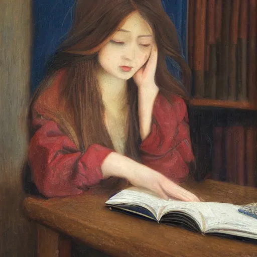 Prompt: a girl reading a book, her hair flowing down, subtle, intricate details, real masterpiece, oil on canvas, by li zangh