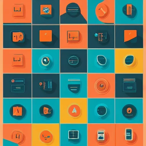 Prompt: modern UI/UX icons for an artistic website, teal and orange colour palette, layout design, template sheet