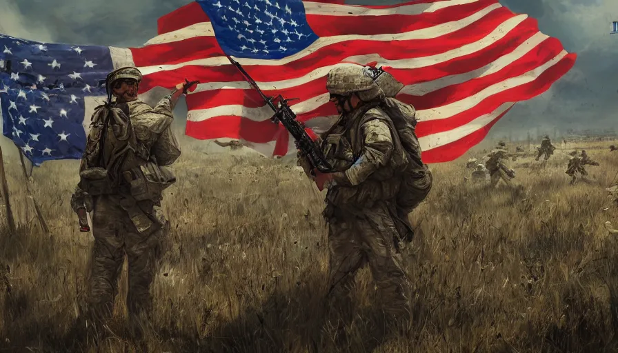 Prompt: Soldier holding the American flag in his hands on a war-torn field, hyperdetailed, artstation, cgsociety, 8k