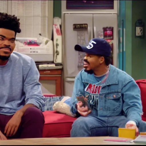 Image similar to a tv still of Chance The Rapper starring as a college student in a 1998 sitcom, 40mm lens