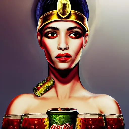 Image similar to a fancy portrait of cleopatra having a coca cola light during lunch break, concept art, detail, realistic, trending on art station, beautiful, colorful, dreamlike