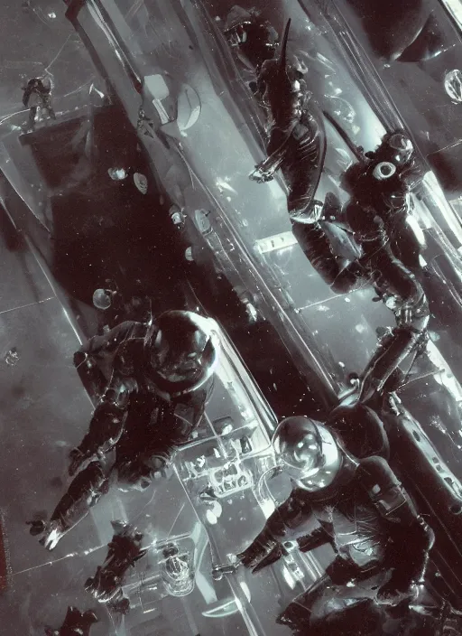 Image similar to astronauts in dark and empty void underwater - complex and dynamic composition. reflection and dispersion materials. rays and dispersion of light. volumetric light. 5 0 mm, f / 3 2. noise film photo. flash photography. ultra realistic, motion blur poster by wayne barlowe, hajime sorayama aaron horkey, craig mullins. dark key.