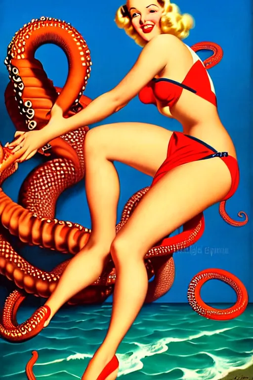 Image similar to 1940s pinup bikini girl with tentacles wrapped around her by a giant octopus, oil painting, by Gil Elvgren