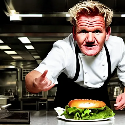Image similar to Gordon Ramsay as a Burger king worker