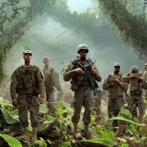 Prompt: an army of american soldiers wearing camouflage standing in the ruins of a destroyed monastery, they are in a jungle with vines everywhere, painting, artstationhq