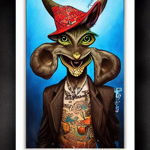 Image similar to a dik dik monster with tattoos, wearing a fedora, tattoos, colorful, digital art, fantasy, magic, trending on artstation, ultra detailed, professional illustration by basil gogos