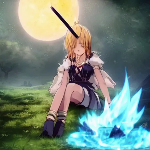 Image similar to A beautiful anime girl sitting by a Dark Souls bonfire holding a moonlight greatsword