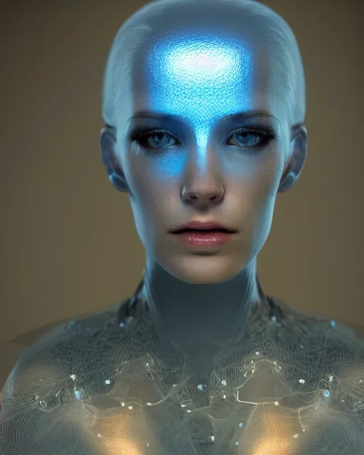 Prompt: natural light, soft focus portrait of a cyberpunk petri dish with a bacteriological culture and mold with little filaments under the microscope, octane render, tilt shift, polaeized light, blue bioluminescent plastics, smooth shiny metal, elaborate ornate head piece, piercings, skin textures, by annie leibovitz, paul lehr