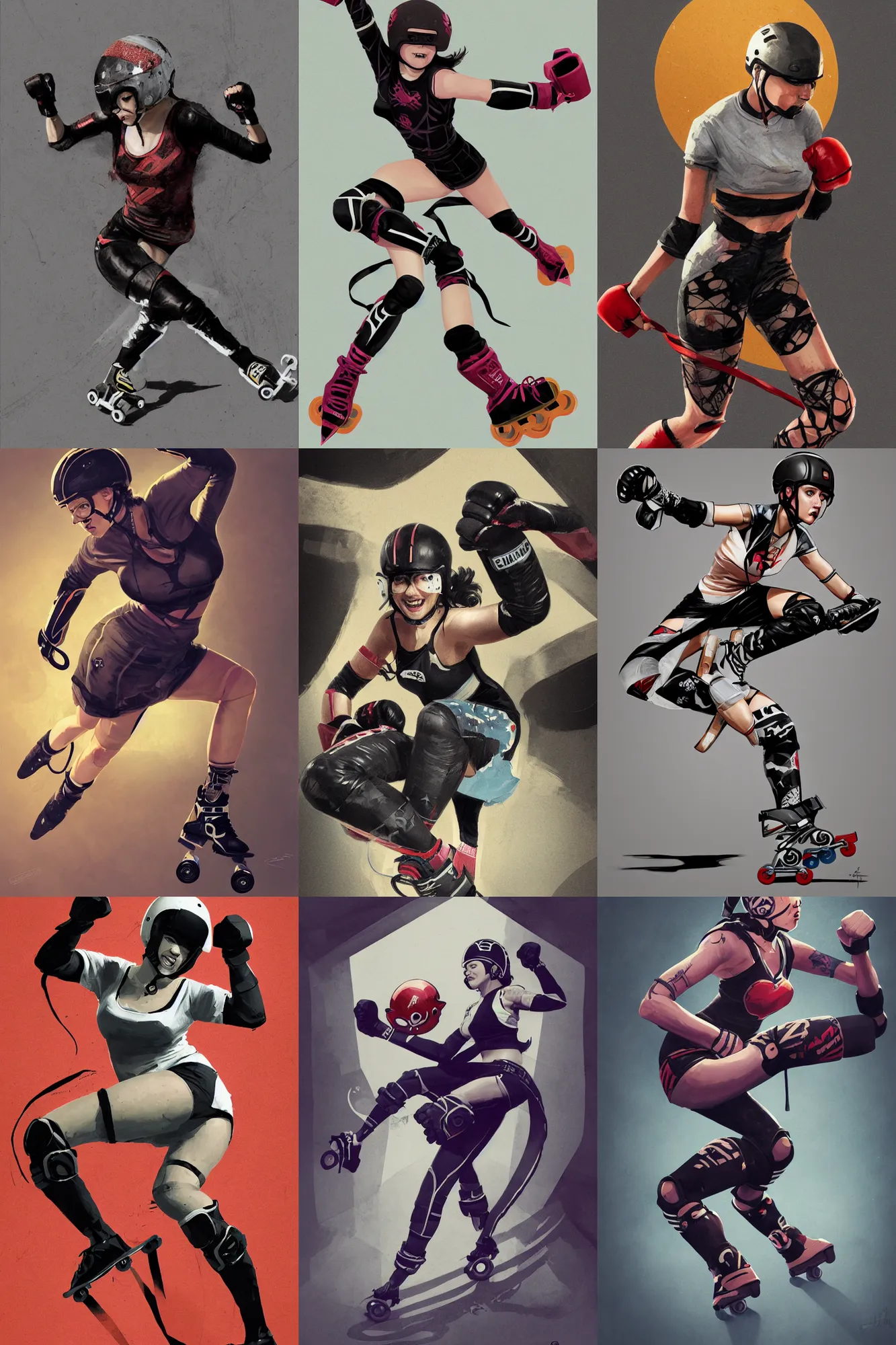 Prompt: logo design, roller derby girl sprinting Cross-Over, wearing skate helmet, knee pads, elbow pads,full length portrait, fishnet tights, torn, ripped, fists in the air, illustration by greg rutkowski