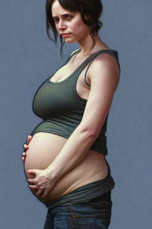 Image similar to pregnant jyn erso in a tank top, realistic portrait, symmetrical, highly detailed, digital painting, artstation, concept art, smooth, sharp focus, illustration, cinematic lighting, art by artgerm and greg rutkowski and alphonse mucha