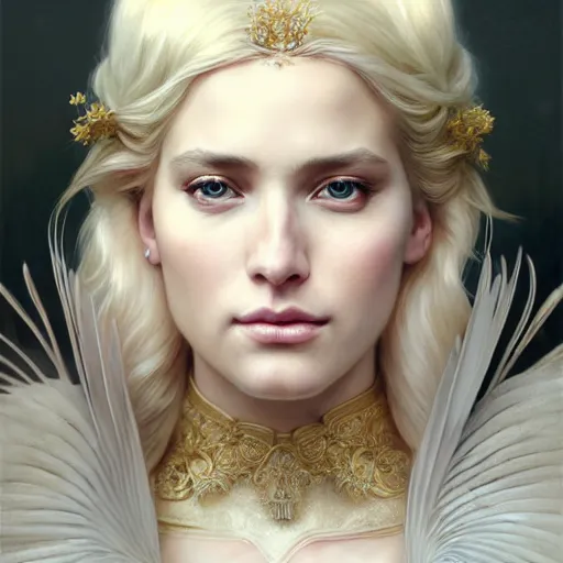 Image similar to portrait painting of a beautiful blonde woman with a kind face wearing a feathered cloak and a fancy silk white dress, ultra realistic, concept art, intricate details, eerie, highly detailed, photorealistic, octane render, 8 k, unreal engine. art by artgerm and greg rutkowski and charlie bowater and magali villeneuve and alphonse mucha