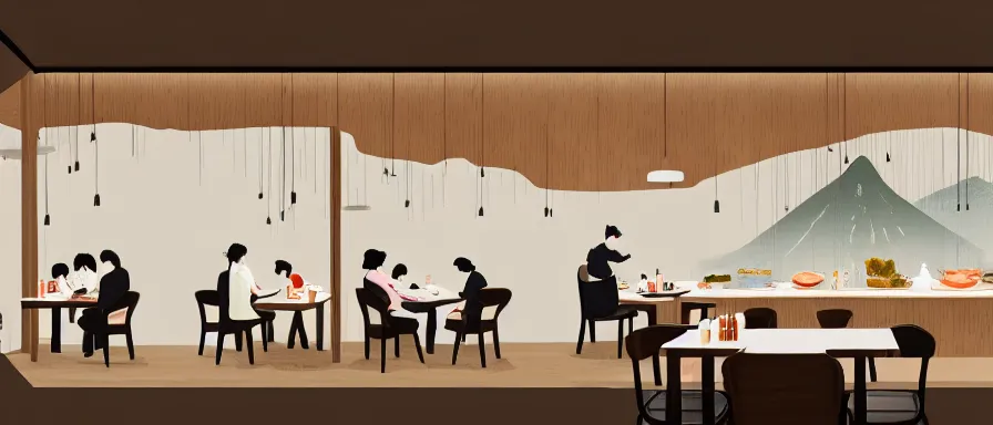 Image similar to a beautiful interior view illustration of a small roasted string hotpot restaurant in yan'an city, corner, restaurant wall paper is tower amd mountain, rectangle white porcelain table, people are eating, black chair, animation illustrative style, from china, simple style structure decoration design, victo ngai, james jean, 4 k hd