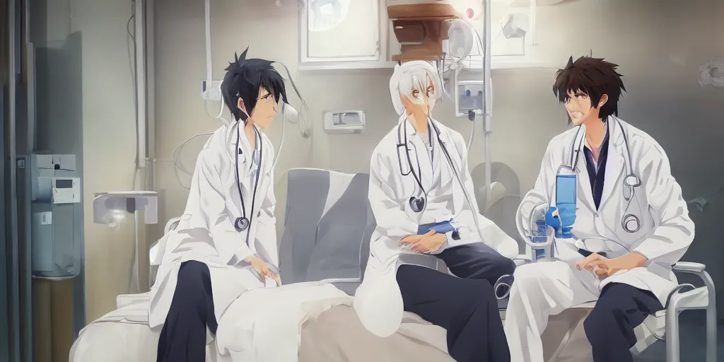 Image similar to a cute and beautiful young female doctor wearing white coat are talking with a handsome young man wearing white coat in a hospital ward, highly detailed, digital painting, slice of life anime, illustration, anime scenery by Makoto shinkai