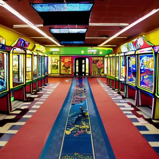 Prompt: an empty arcade with only one arcade game left, and a door to the left with an exit sign above it, the carpet is brown