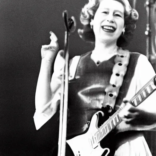 Prompt: Queen Elizabeth II rocking out on guitar, on stage at Coachella, performing a solo for the adoring crowd, photorealism