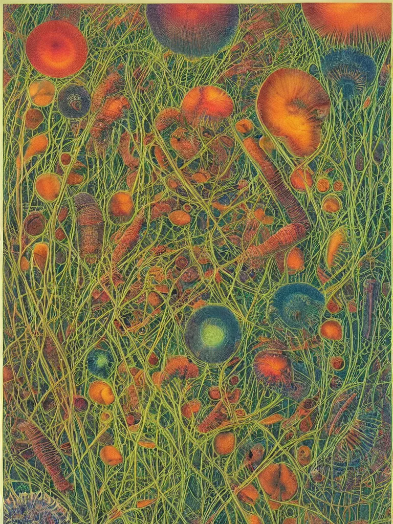 Prompt: Lithograph color print plate of fractalized Stephoidea and Diatoms, by Haeckel and Beksinski, detailed plant and fungi illustrations from Codex Seraphinianus, vivid color hues