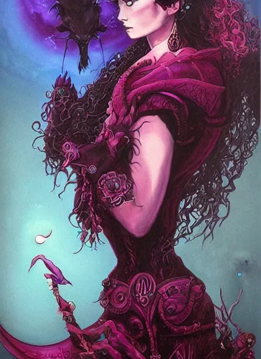 Image similar to portrait of princess of the dreamlands and moon beast, beautiful! coherent! by brom, deep colors, red maroon purple pink black, strong lines, rule of thirds