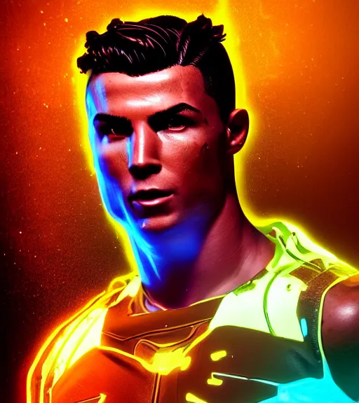 Image similar to glowwave portrait of cristiano ronaldo from borderlands 3, au naturel, hyper detailed, digital art, trending in artstation, cinematic lighting, studio quality, smooth render, unreal engine 5 rendered, octane rendered, art style by klimt and nixeu and ian sprigger and wlop and krenz cushart.