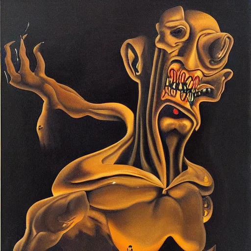 Prompt: Oil painting with black background by Christian Rex Van Minnen Robert Williams Salvador Dali of a portrait of an extremely bizarre disturbing mutated man with intense chiaroscuro lighting perfect composition