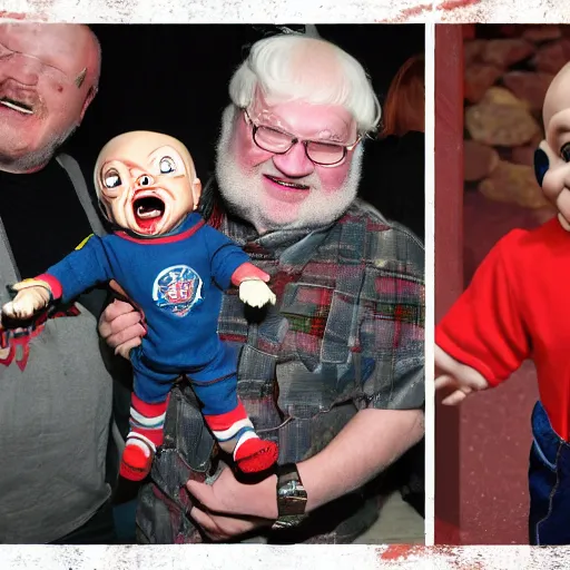 Image similar to screaming chucky doll chasing george rr martin
