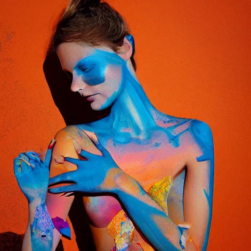 Prompt: beautiful model girl body art fabric skin dress with colouful in a wholesome environment chill and glass shards painting style of jonathan zawada, thisset colours simple background gradient objective light orange and blue amber colours