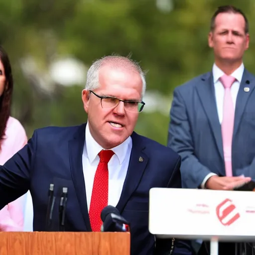 Image similar to scott morrison doing a press conference with jesus christ