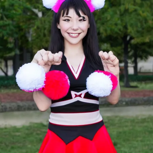 Prompt: a demon horned smiling anime girl wearing cheerleader dress holding cheerleader pompom on both hands