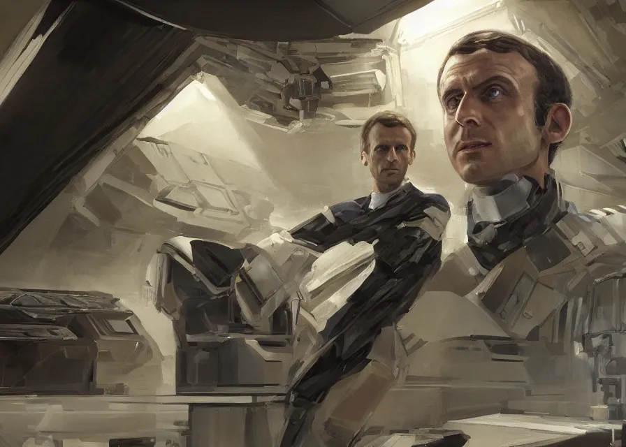 Image similar to painting of Emmanuel Macron dressed as in Star Wars,(((( inside the galactic senate)))), sharp focus, full body, trending on ArtStation, masterpiece, by Greg Rutkowski, by Ross Tran, by Fenghua Zhong, octane, clear eyes, soft render, clear facial features, oil on canvas, moody lighting, cinematic, professional environment concept art