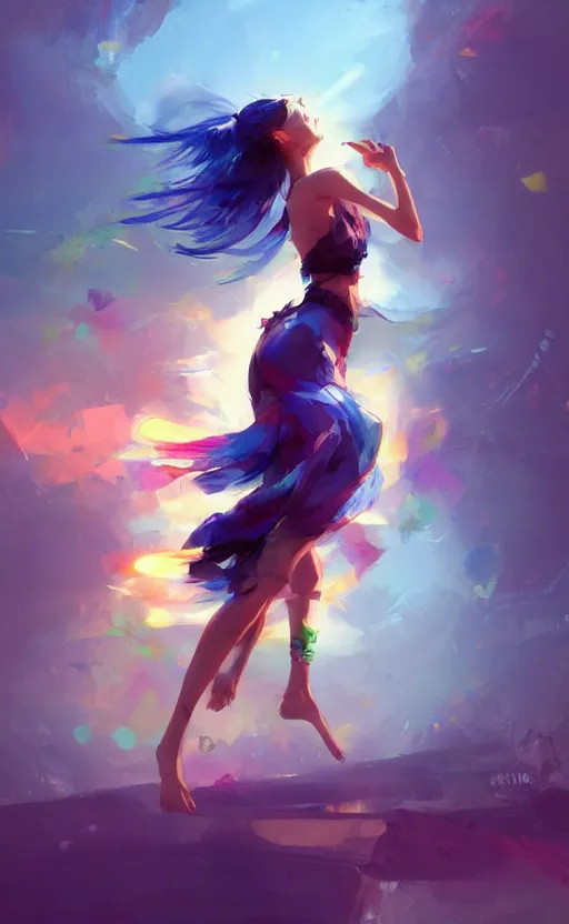 Image similar to a cute woman with rainbow hair dancing, cute tube-top long dress, In style of Yoji Shinkawa, wojtek fus, by Makoto Shinkai, concept art, highly detailed