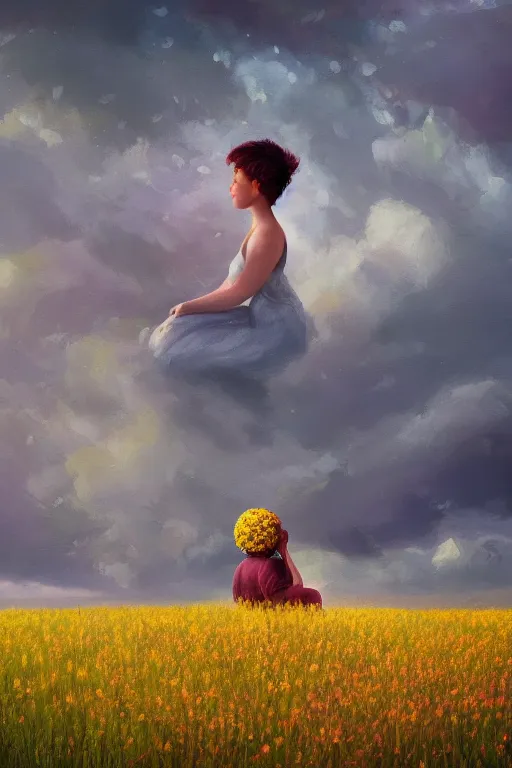 Image similar to closeup, huge flowers as head, woman sitting in heather field, surreal photography, starlight, storm clouds, impressionist painting, digital painting, artstation, simon stalenhag