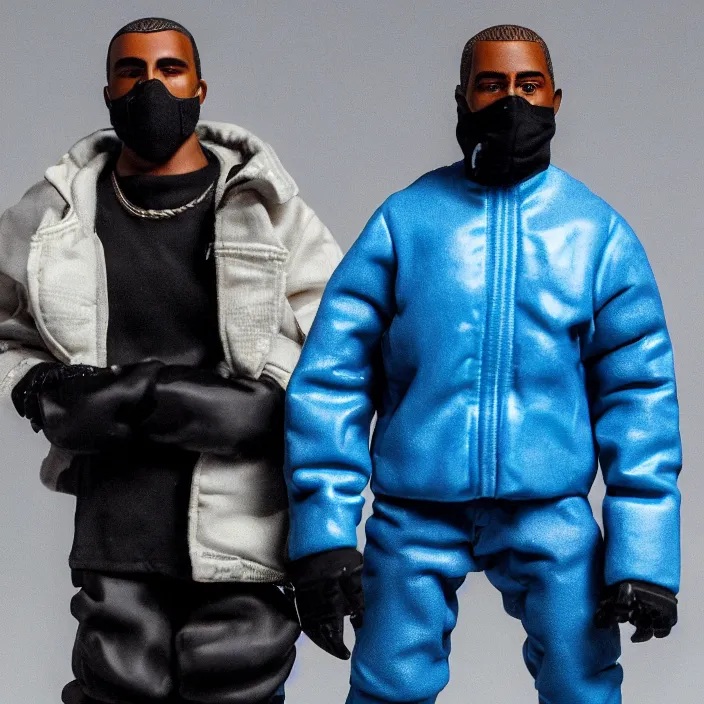 Image similar to a action figure of kanye west using full face - covering black mask with small holes. a small, tight, undersized reflective bright blue round puffer jacket made of nylon. a shirt underneath. jeans pants. a pair of big rubber boots, figurine, detailed product photo, 4 k, realistic, acton figure, studio lighting, professional photo