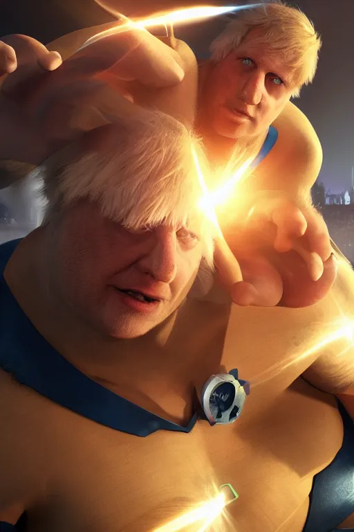 Image similar to Boris Johnson Superhero of Great Britain, HD, hyper-fidelity, ray tracing, god rays, digital art, trending on artstation, artstationHD, artstationHQ, 4k, 8k