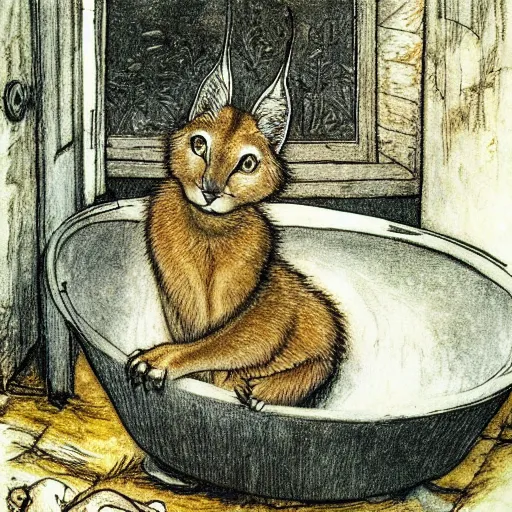 Image similar to cute caracal in bathtub, by Arthur Rackham