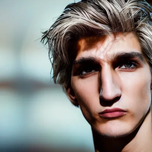 Image similar to a closeup shot of handsome xqc, gigachad, strong jawline, photorealism, 8k