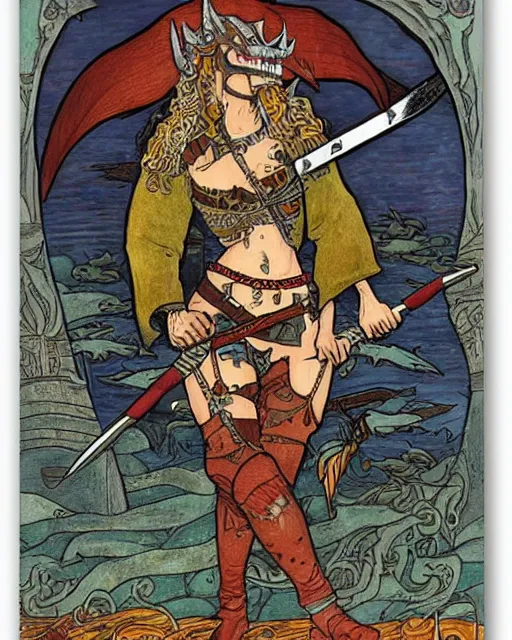 Image similar to a shark skin pirate queen with melee weapons by ivan bilibin